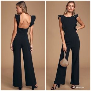 Lulus XS Feel Your Love Black Ruffled Wide-Leg Jumpsuit NWT Formal Party
